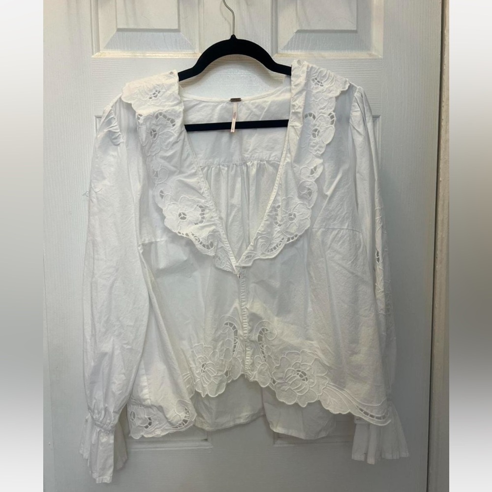 Free People White Ruffled Bib Collar Blouse